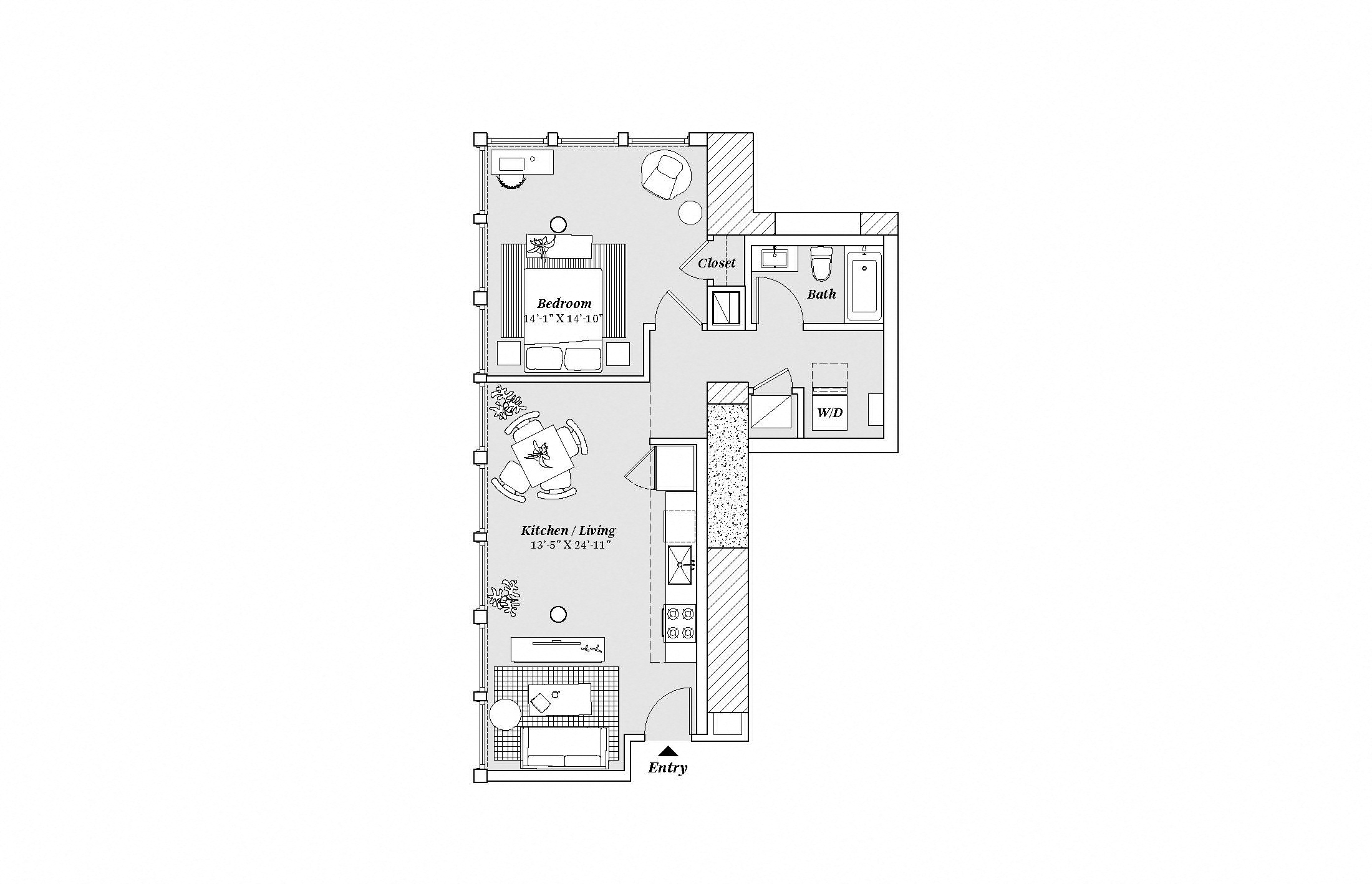 Floor plan for 1 bed, 1 bath, 786 sqft